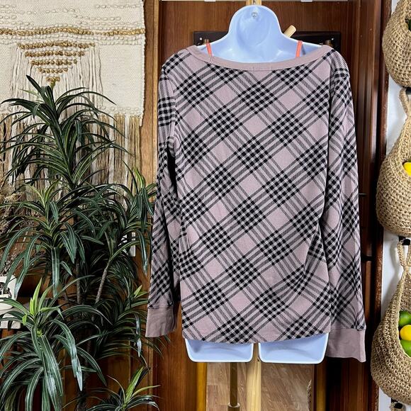 Y2K PINK Victoria’s Secret Plaid Thermal Top 2XL | Mauve Black Lounge Crest NWT - Picture 2 of 13